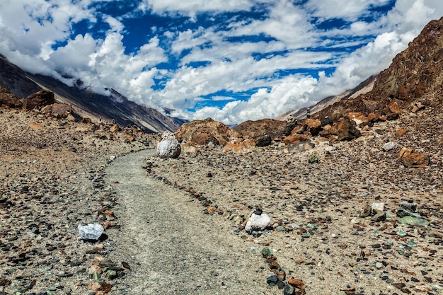 Photo chemin à pied vers le lac sacré lohat tso dans l'himalaya la vallée de nubra ladakh inde