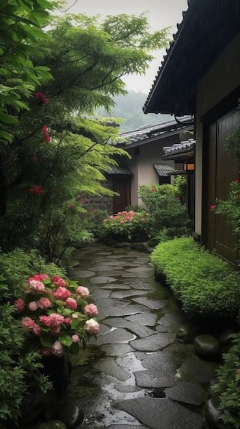 Un chemin de pierre mène à un jardin avec un panneau qui dit "jardin japonais"