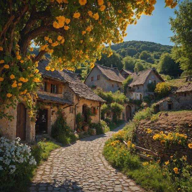 Photo un chemin de pierre mène à un village avec des fleurs jaunes