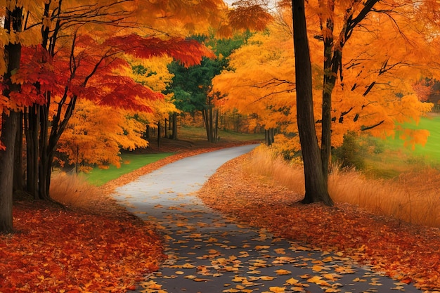 Photo un chemin qui est entouré d'arbres avec des feuilles d'oranger