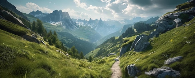 le chemin qui traverse les alpes dans le style bleu ciel clair et vert