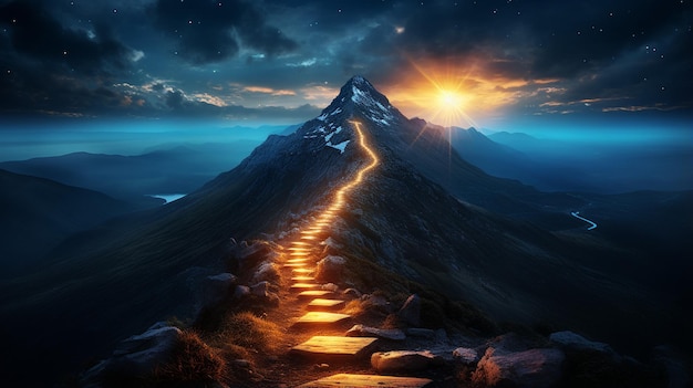 Un chemin rayonnant menant au sommet de la montagne illuminant le chemin avec une ligne guidant vers le sommet