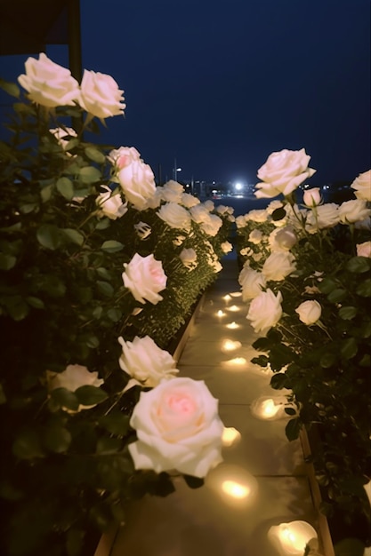 Un chemin de roses avec une lumière dessus