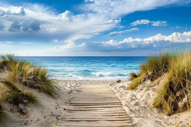 Un chemin serein à travers des dunes de sable qui mène à une plage magnifique sous un ciel lumineux