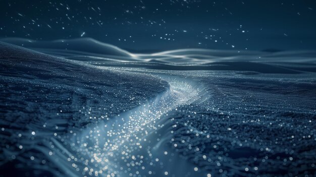 Un chemin sinueux à travers la toundra gelée bordée de flocons de neige étincelants et éclairée par le