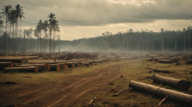 un chemin de terre avec beaucoup de rondins et une forêt en arrière-plan