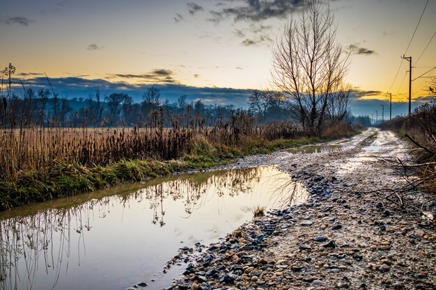 Chemin de terre boueux sous le ciel orageux