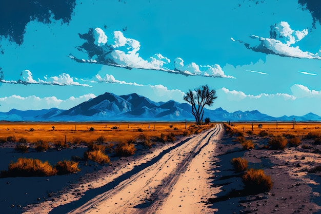 Un chemin de terre à côté d'un champ désert avec des montagnes lointaines et un ciel bleu vif