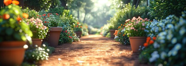 Photo chemin de terre le long du jardin avec des fleurs en pot