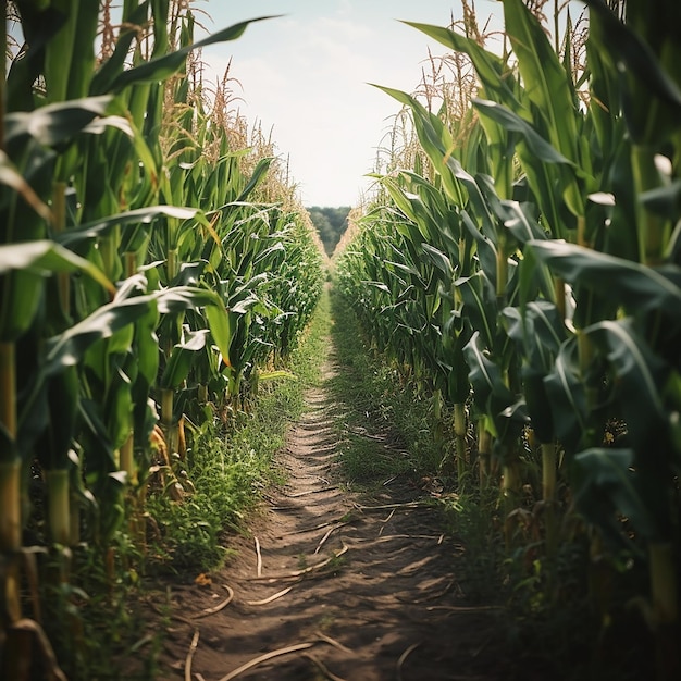 Un chemin de terre mène à travers un champ de maïs avec le mot maïs dessus.