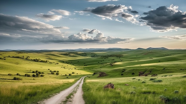 Un chemin de terre mène à travers un paysage verdoyant avec un ciel nuageux.