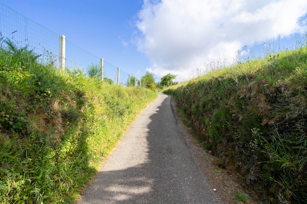 Chemin de terre avec ombre et soleil dans une zone rurale avec un ciel bleu plein de nuages Concept d'exercice en plein air