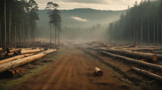 un chemin de terre avec des rondins dans une zone forestière avec du brouillard