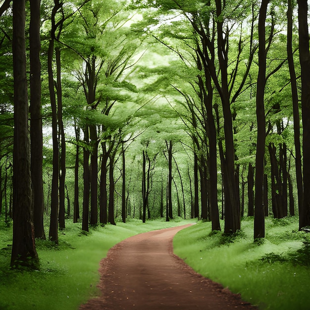 Un chemin de terre avec une route bordée d'arbres au milieu.