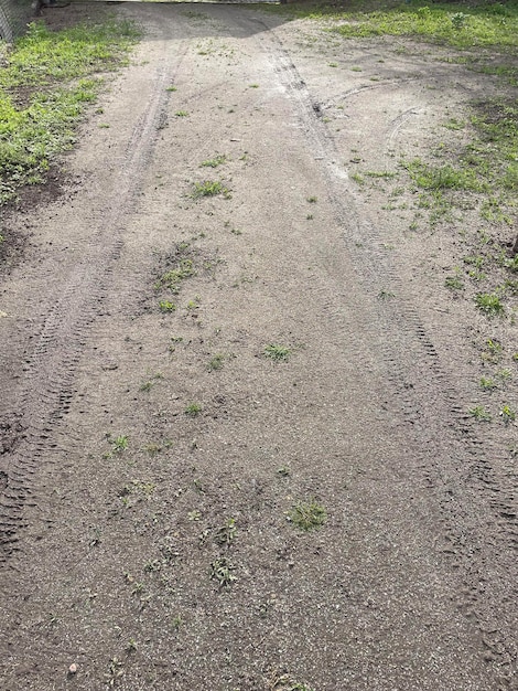 Un chemin de terre avec des traces de pneus et un lampadaire en arrière-plan.