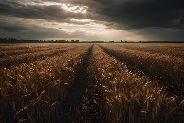 Chemin de terre à travers le champ de blé et ciel orageux sombre