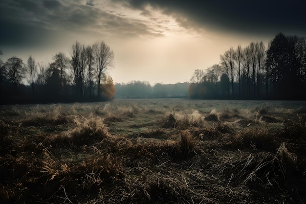 Chemin de terre à travers le champ de blé et ciel orageux sombre