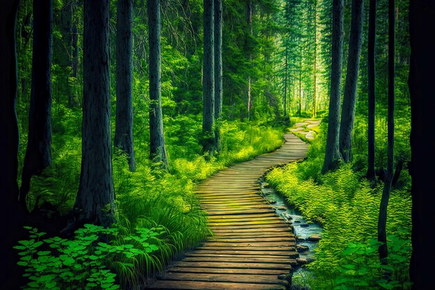 Chemin tordu de caillebotis dans la forêt parmi de grands arbres verts