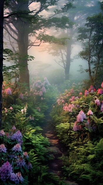 Un chemin à travers les bois avec des fleurs violettes.