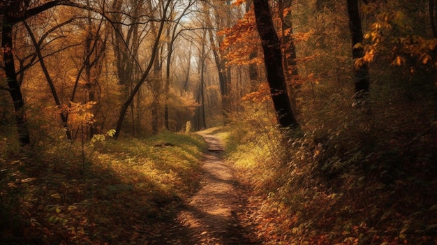 Un chemin à travers les bois avec le soleil qui brille dessus.