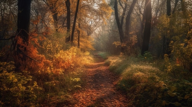 Un chemin à travers les bois avec le soleil qui brille dessus.