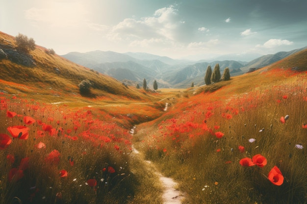 Un chemin à travers un champ de coquelicots