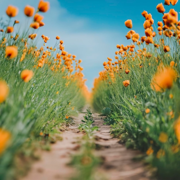 Un chemin à travers un champ de fleurs