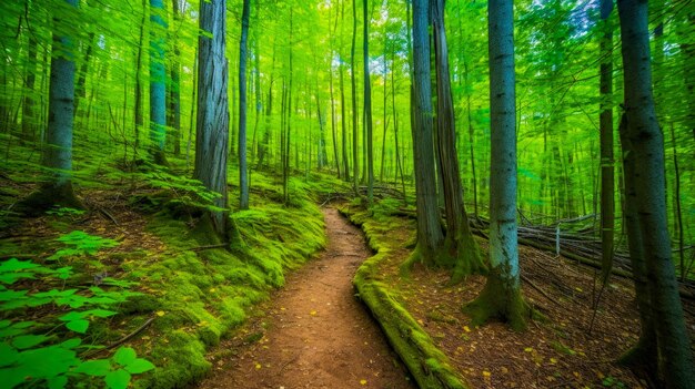 Un chemin à travers une forêt avec des arbres verts et un fond vert