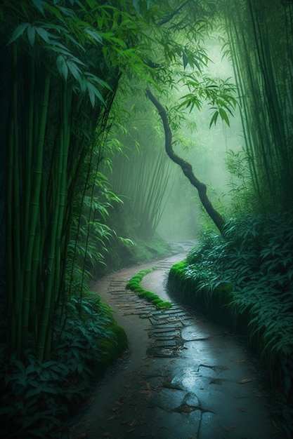 Un chemin à travers une forêt de bambous avec un tronc d'arbre et une longue branche de bambou.