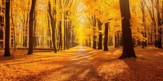 chemin à travers une forêt avec des feuilles jaunes sur le sol