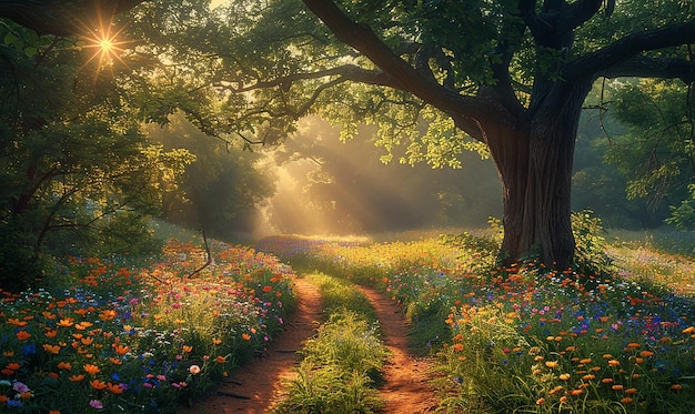 un chemin à travers une forêt avec des fleurs sauvages et un chemin