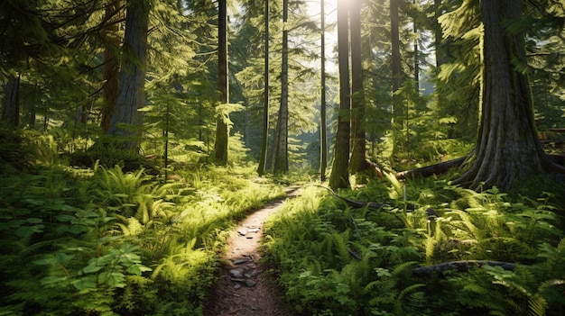 Un chemin à travers une forêt de fougères et d'arbres.