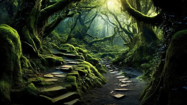 Un chemin à travers une forêt avec de la mousse et des arbres