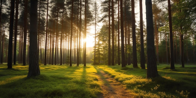 Un chemin à travers une forêt avec le soleil qui brille à travers les arbres