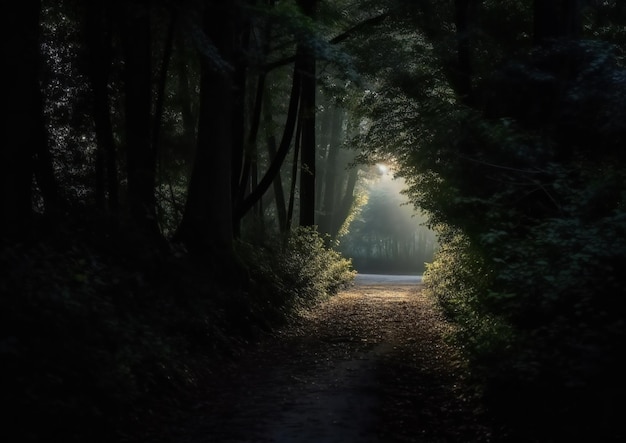 chemin à travers une forêt sombre avec une lumière au bout de la forêt