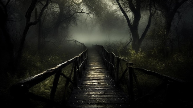 Un chemin à travers une forêt sombre avec un pont menant à gauche.