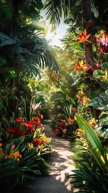 un chemin à travers une forêt tropicale avec des fleurs et des plantes.