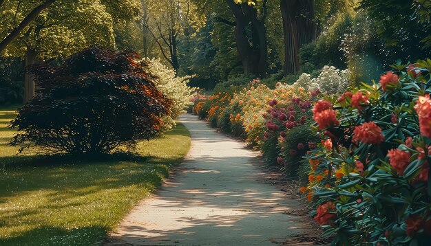 Photo un chemin à travers un jardin avec beaucoup de fleurs rouges