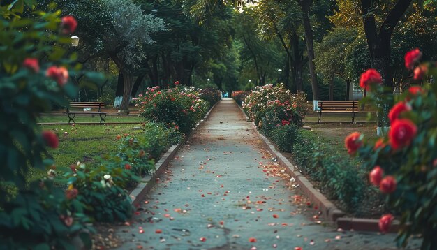 Un chemin à travers un jardin avec beaucoup de fleurs rouges