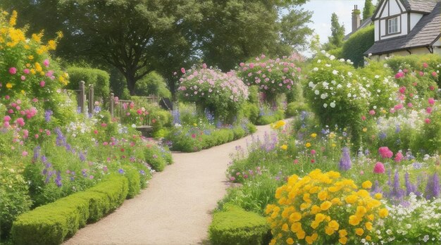 Un chemin à travers un jardin avec des fleurs et une maison en arrière-plan Generative AI