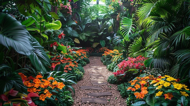 Photo un chemin à travers un jardin tropical avec des fleurs et des plantes