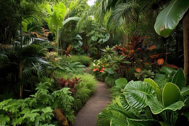 Un chemin à travers un jardin tropical avec des plantes et des arbres tropicaux.