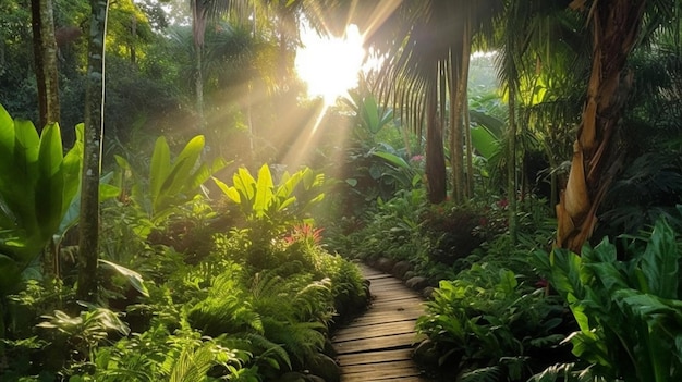 Un chemin à travers un jardin tropical avec un rayon de soleil