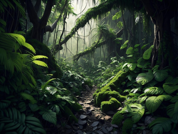 Un chemin à travers la jungle avec des plantes vertes et des feuilles