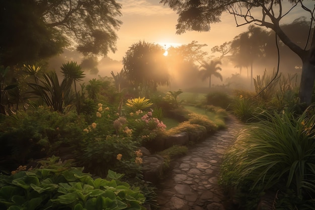 Un chemin à travers la jungle avec le soleil couchant derrière lui