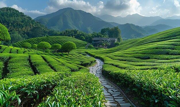 un chemin à travers une plantation de thé avec des montagnes en arrière-plan