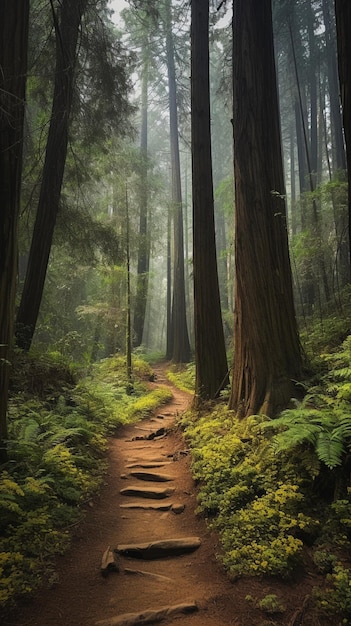 Un chemin à travers les séquoias avec le soleil qui brille à travers les arbres.