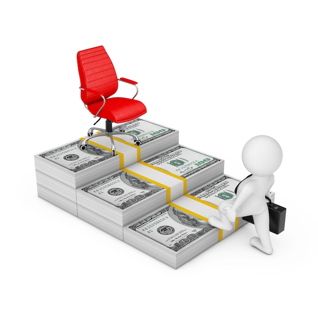 Chemin vers le concept de réussite. L'homme d'affaires monte les escaliers de l'argent en dollars à la chaise Big Boss rouge de carrière sur fond blanc. Rendu 3D