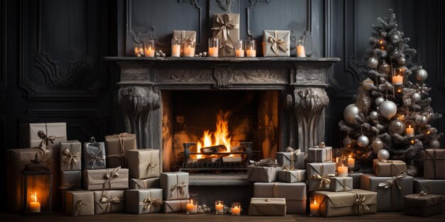 cheminée arrafée avec des cadeaux et un arbre de Noël devant elle