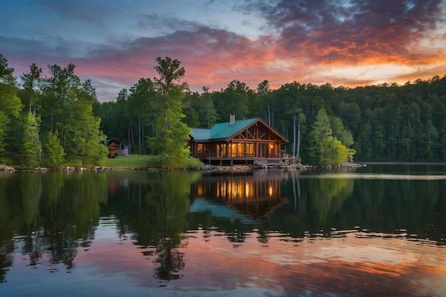 Photo une cheminée au bord du lac à cozy wood cabin